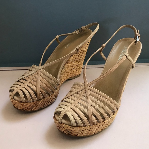 Prada Tan Woven Wedges - Picture 1 of 7